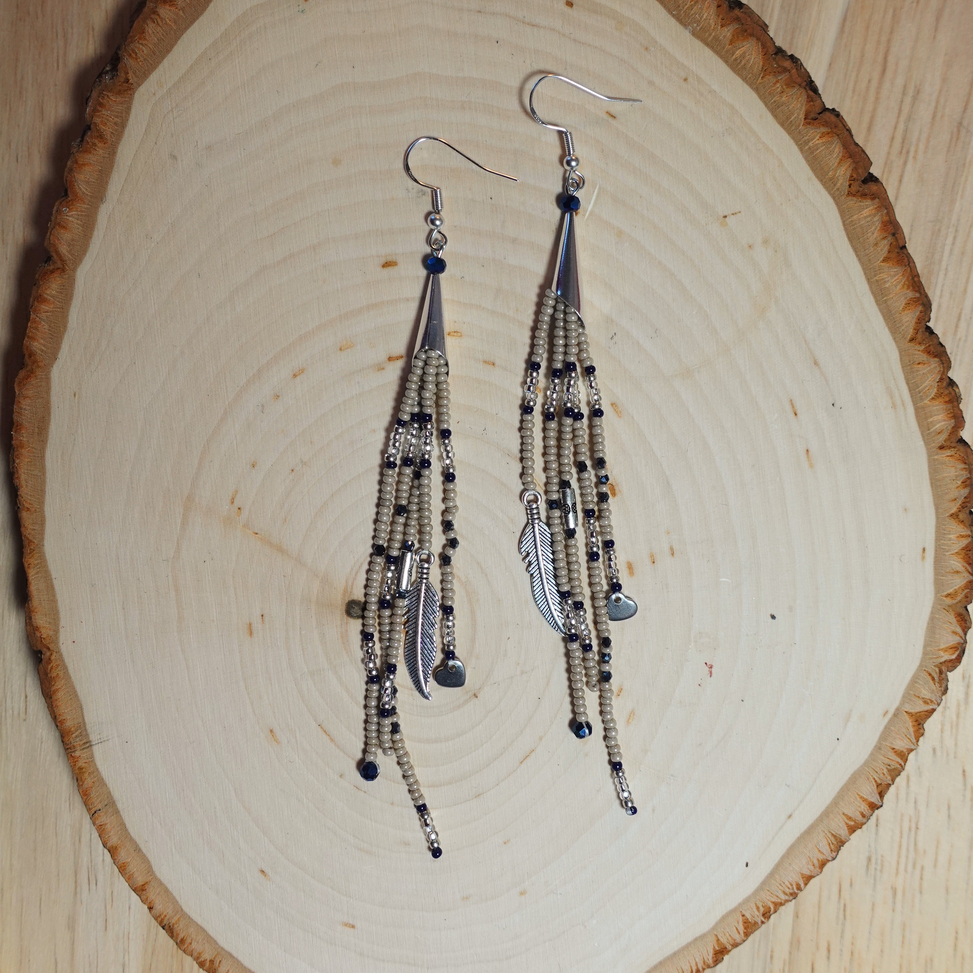 Stardust Grey with Heart and Feather - Handmade Kaswupi - Dangle Earrings